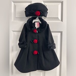 Sophie Rose Black Pea Coat with Red Rose Accents, 18 Months